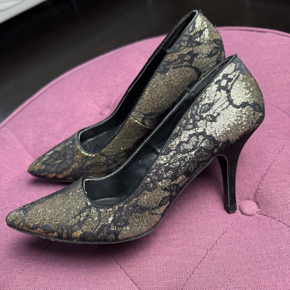 Vintage Le Château Lace Metallic Black and Gold Heels Y2K Vintage Size‎ 8 - Picture 8 of 8